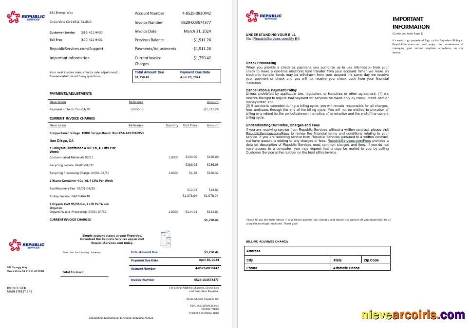 USA Rpublic Services energy utility bil, 2 pages
